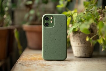 Poster - Unique green phone case placed on a rustic table surrounded by lush indoor plants in a natural light setting