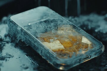 Aufkleber - Smartphone submerged in ice and cold water, creating a unique contrast with refreshment