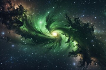 Wall Mural - Luminous Green Galaxy Surrounded by Starry Night Sky and Colorful Nebula
