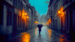 © Olena - Narrow old streets of Europe at night, yellow lanterns, wet asphalt after rain, silhouettes of people with umbrellas.