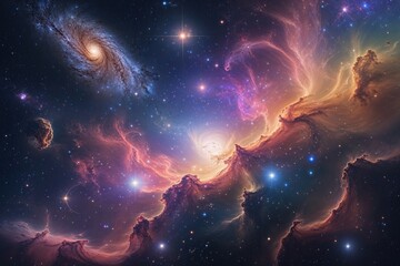 Wall Mural - Vivid Cosmic Landscape of a Colorful Nebula with Shining Stars and Distant Galaxies