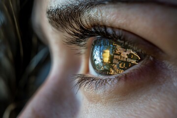 Fototapete - Reflections of digital data in the eye of a young person observing technology in an urban environment