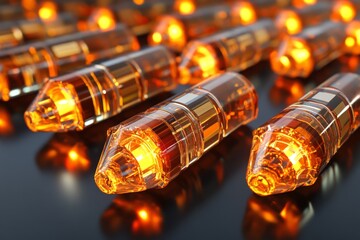 Aufkleber - Bright orange glass bullets arranged in a striking display on a reflective surface