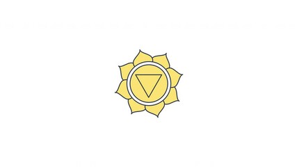 Poster - Manipura solar plexus chakra symbol rotating in yellow 2D cartoon object animation. Confidence, personal power, transformation. Sacred geometry animated flat colorful item 4K video isolated on white