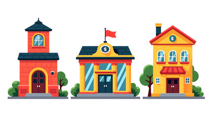 Poster - Colorful buildings illustrated in a playful style against a dark background. cut out, transparent background