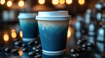 Poster - Two coffee cups, filled with delicious beverage, sit on a dark surface scattered with coffee beans. The warm ambient lighting creates a cozy atmosphere perfect for relaxation or conversation.