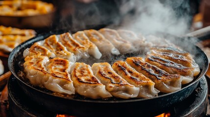 Poster - An artistic shot of gyoza cooking in a pan, with steam rising and the aroma of fresh ingredients filling the air, emphasizing the cooking process and flavors.