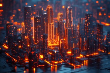 Aufkleber - Futuristic city skyline illuminated by glowing orange lights in a digital landscape at night