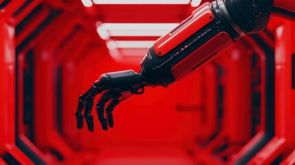 Poster - Futuristic robotic hand reaching out in a vibrant red corridor with illuminated lines