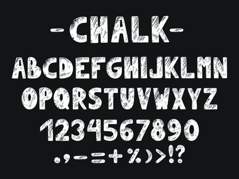 White chalk alphabet. Letters numbers and marks hand drawn style. Back to school, kindergarten preschool abc. Crayon drawing, neoteric vector set