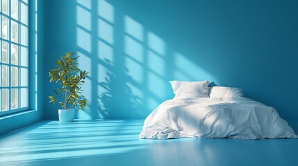 Poster - Serene Minimalist Bedroom with Blue Walls and White Bedding