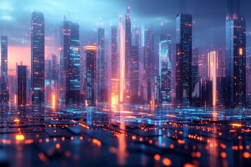 Poster - Futuristic city skyline illuminated at dusk with vibrant lights reflecting on water