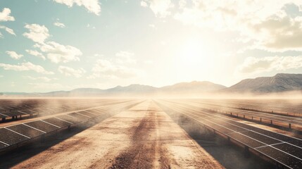 Rows of Solar Panels in Arid Landscape under Bright Sun