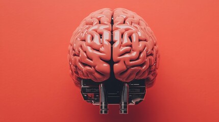 Poster - Human Brain Concept with Technological Elements on a Vibrant Red Background