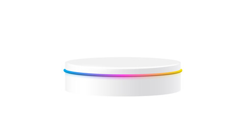 Poster - White round podium with glow neon line. Product display stand isolated on white background. Cosmetic showcase pedestal, platform, stage for product presentation. Realistic vector illustration.