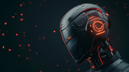 Poster - Futuristic Robot Head with Neon Lights and Dark Background for Innovative Concepts