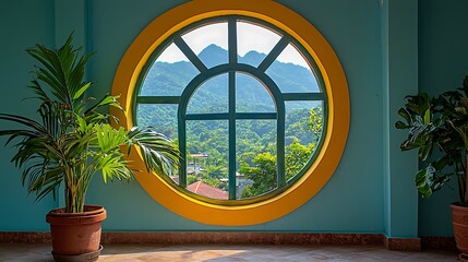 Poster - Serene Mountain View from Circular Window