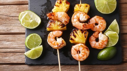 Poster - An overhead shot of skewers of shrimp and pineapple, glazed with barbecue sauce, placed on a dark slate plate with lime wedges for a tropical touch.
