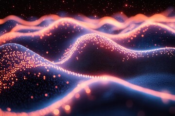 Poster - Colorful wave patterns with glowing dots create a mesmerizing visual display in a digital landscape