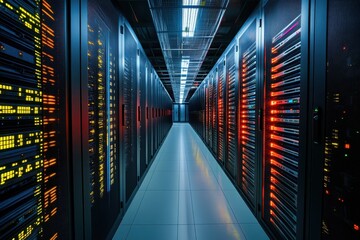 Poster - Dark hallway of a high-tech data center illuminated by colorful server lights