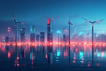 Poster - City skyline at twilight with wind turbines reflecting in the water and colorful lights illuminating the urban landscape