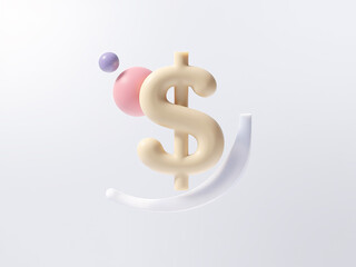 Poster - Stylized pastel dollar sign accompanied by abstract geometric shapes including a sphere, a disk, and a curved shape. Composition features minimalist design on light background