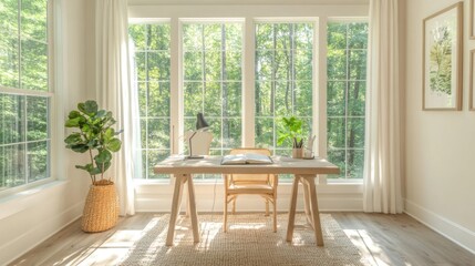 Poster - A bright and airy home office featuring a minimalist desk, a comfortable chair, and large windows that provide plenty of natural light for an inspiring workspace.