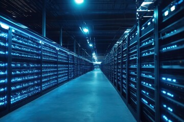 Poster - Bright blue lights illuminate a modern data center with rows of servers