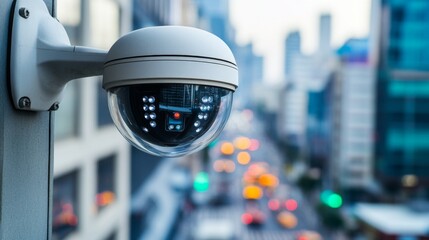 Poster - A close-up of a bullet-style CCTV camera mounted on a building, with a blurred background of the cityscape, emphasizing its surveillance role in urban areas.