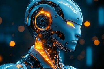 Aufkleber - Futuristic humanoid robot with glowing features in a neon-lit environment at night
