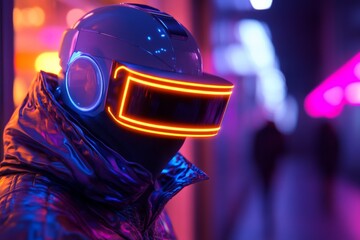 Poster - Futuristic figure in a glowing helmet showcases vibrant lights on a city street during nighttime