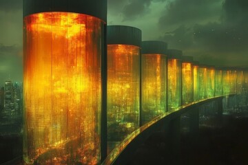 Poster - Futuristic city landscape with illuminated towers and vibrant colors during twilight hours