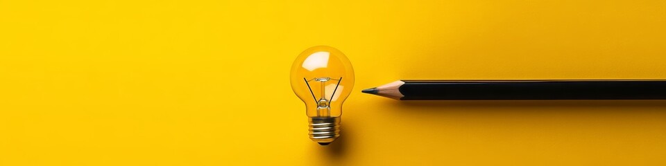 Poster - Lightbulb And Black Pencil On Yellow Background. Creative Concept, Business, Innovation