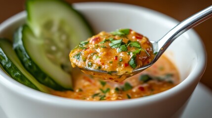 Poster - A close-up of a spoonful of rich chili dip being scooped up with a fresh cucumber slice, highlighting the dish's deliciousness and fresh ingredients.