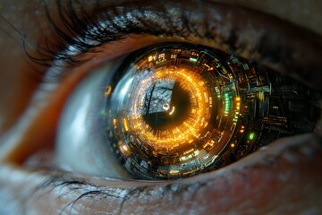 Fototapete - Intricate digital circuitry reflected in a human eye highlighting technology and perception within a futuristic setting