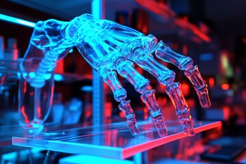 Fototapete - Futuristic robotic hand displayed in neon-lit workspace showcasing advanced technology and innovation