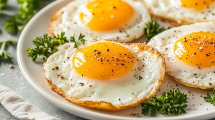 Poster - A close-up of perfectly fried sunny-side-up eggs on a white plate, with golden yolks shining and a sprinkle of black pepper for a simple yet appetizing presentation.