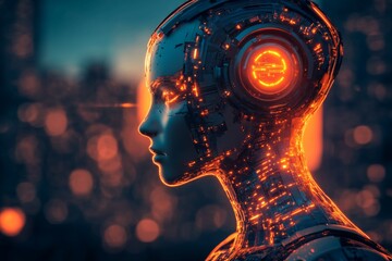Poster - Futuristic robot with glowing circuitry against a cityscape at twilight