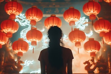 Poster - Silhouette against vibrant lanterns in a festive atmosphere at a cultural celebration