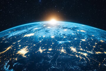Poster - Sunrise over Earth captured from space showcases vibrant city lights against the backdrop of the vast universe