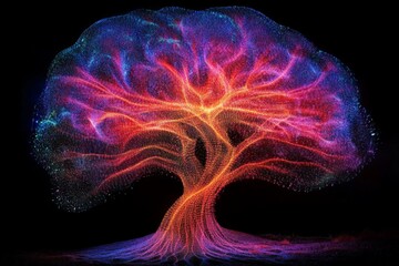 Aufkleber - Vibrant digital representation of a tree with colorful branches illuminated against a dark background