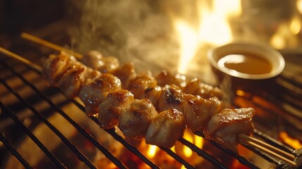 Poster - A close-up view of a yakitori skewer with perfectly charred chicken, served with a small bowl of dipping sauce, highlighting the smoky flavor and delicious texture.
