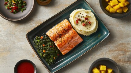 Poster - A colorful display of grilled salmon served with a side of garlic mashed potatoes and sauted spinach, highlighting a delicious and balanced dinner option.