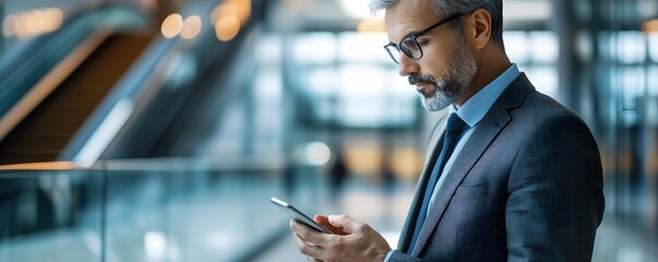 Aufkleber - Businessman using smartphone in modern office building lobby