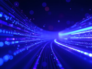 Poster - Flowing curves and particles 3D rendering, abstract blue modern background