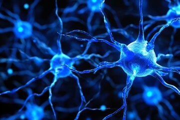 Aufkleber - Neural networks connected by intricate blue strands in a dark environment showcase the complexity of brain cells