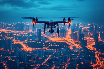 Poster - Drone flying over a city at dusk capturing vibrant lights and urban life