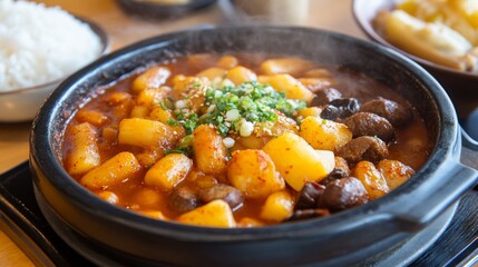 Poster - A cozy arrangement of tteokbokki served with a side of pickled vegetables and rice, emphasizing a delicious and satisfying dining experience full of Korean flavors.