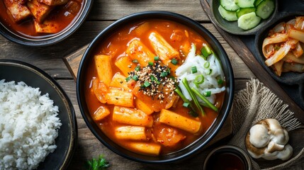 Poster - A cozy arrangement of tteokbokki served with a side of pickled vegetables and rice, emphasizing a delicious and satisfying dining experience full of Korean flavors.