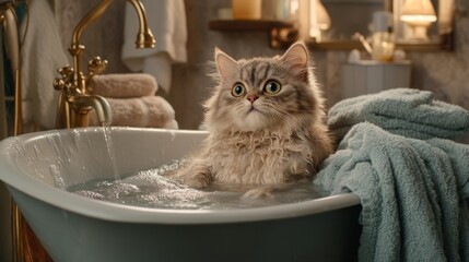 Poster - A cozy bathroom scene featuring a fluffy cat lounging in a sink filled with warm water, surrounded by fluffy towels and bath supplies, creating a relaxing atmosphere.